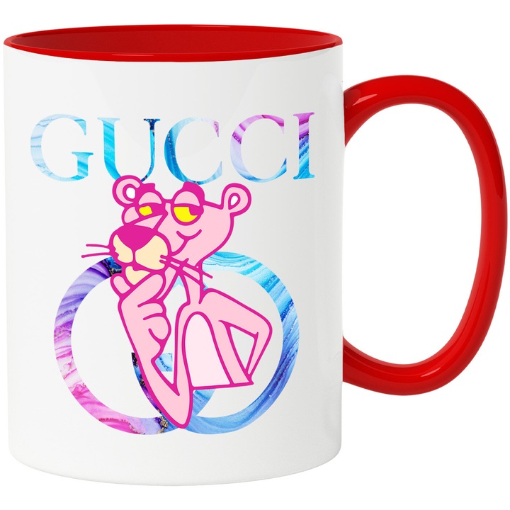 Cana Cu Pantera Roz, Cu Textul "Gucci" - Design 5, Ceramica, 330ML, Cu Maner si Interior Rosu