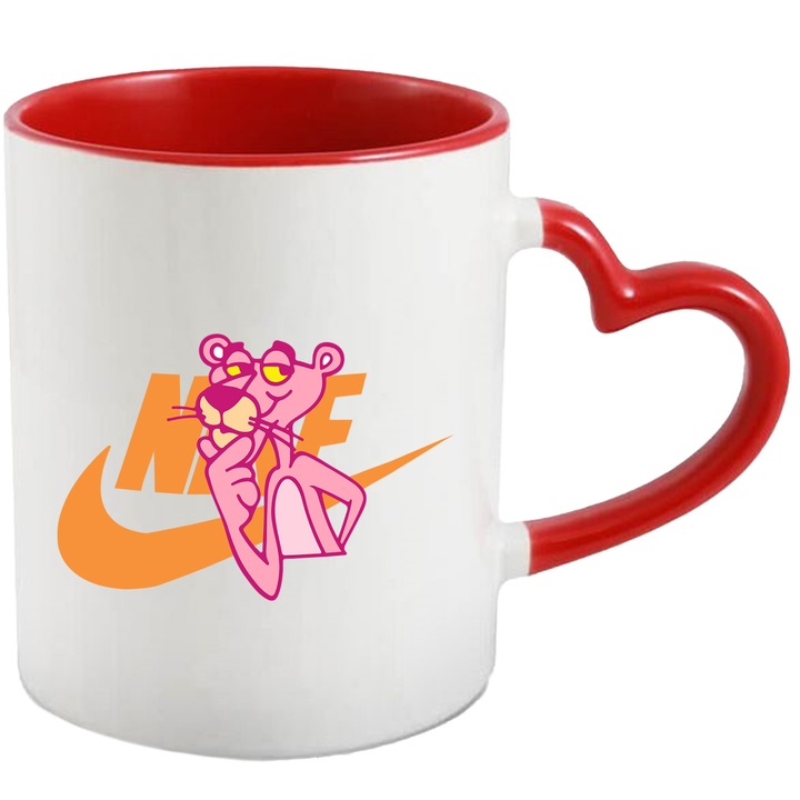 Cana Cu Pantera Roz, Cu Textul "Nike" - Design 7, Ceramica, 330ML, Cu Maner Inima Rosie si Interior Rosu