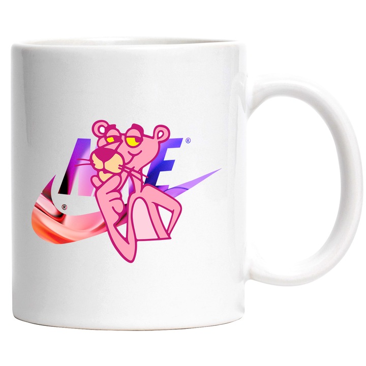 Cana Cu Pantera Roz, Cu Textul "Nike" - Design 6, Ceramica, 330ML, Cu Maner si Interior Alb