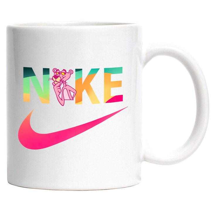 Cana Cu Pantera Roz, Cu Textul "Nike" - Design 5, Ceramica, 330ML, Cu Maner si Interior Alb