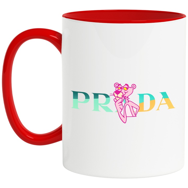 Cana Cu Pantera Roz, Cu Textul "Prada" - Design 1, Ceramica, 330ML, Cu Maner si Interior Rosu