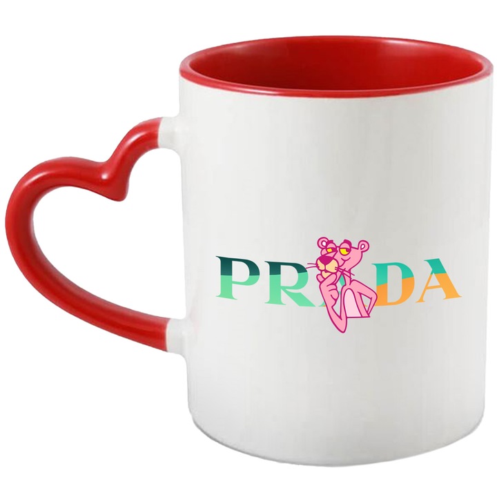 Cana Cu Pantera Roz, Cu Textul "Prada" - Design 1, Ceramica, 330ML, Cu Maner Inima Rosie si Interior Rosu