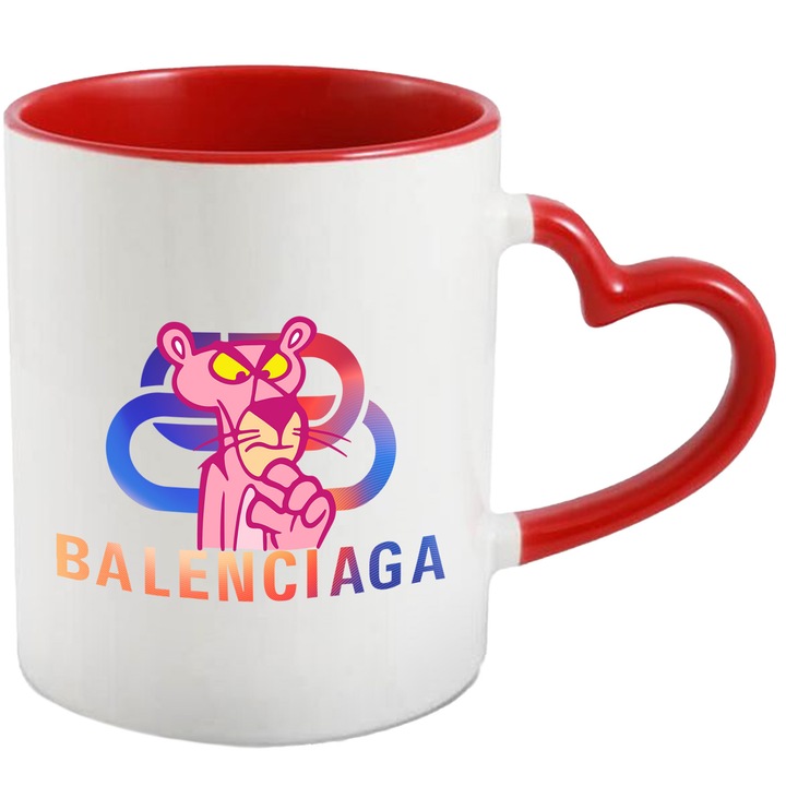Cana Cu Pantera Roz, Cu Textul "Balenciaga" - Design 6, Ceramica, 330ML, Cu Maner Inima Rosie si Interior Rosu