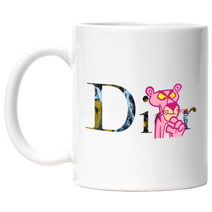 Cana Cu Pantera Roz, Cu Textul "Dior" - Design 2, Ceramica, 330ML, Cu Maner si Interior Alb