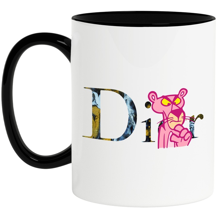 Cana Cu Pantera Roz, Cu Textul "Dior" - Design 2, Ceramica, 330ML, Cu Maner si Interior Negru