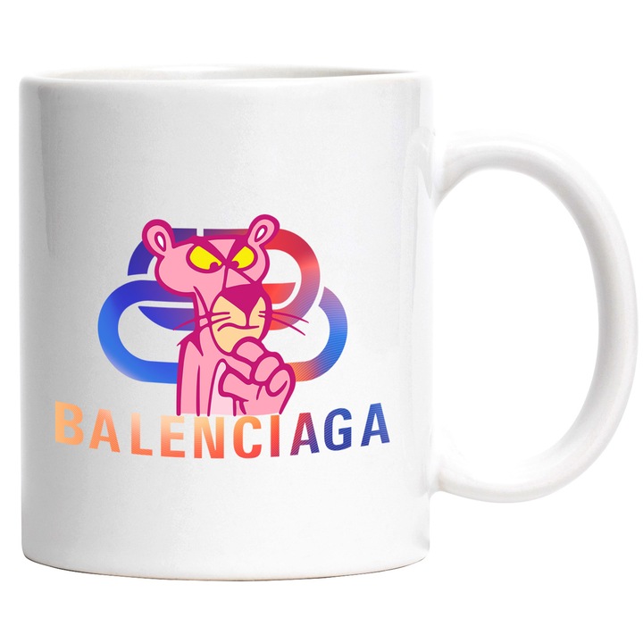 Cana Cu Pantera Roz, Cu Textul "Balenciaga" - Design 6, Ceramica, 330ML, Cu Maner si Interior Alb