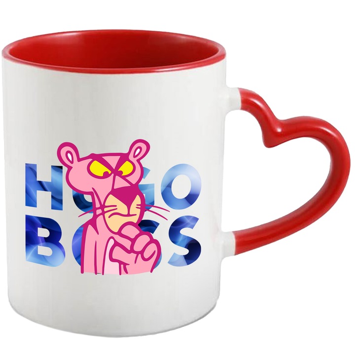 Cana Cu Pantera Roz, Cu Textul "Hugo Boss" - Design 6, Ceramica, 330ML, Cu Maner Inima Rosie si Interior Rosu