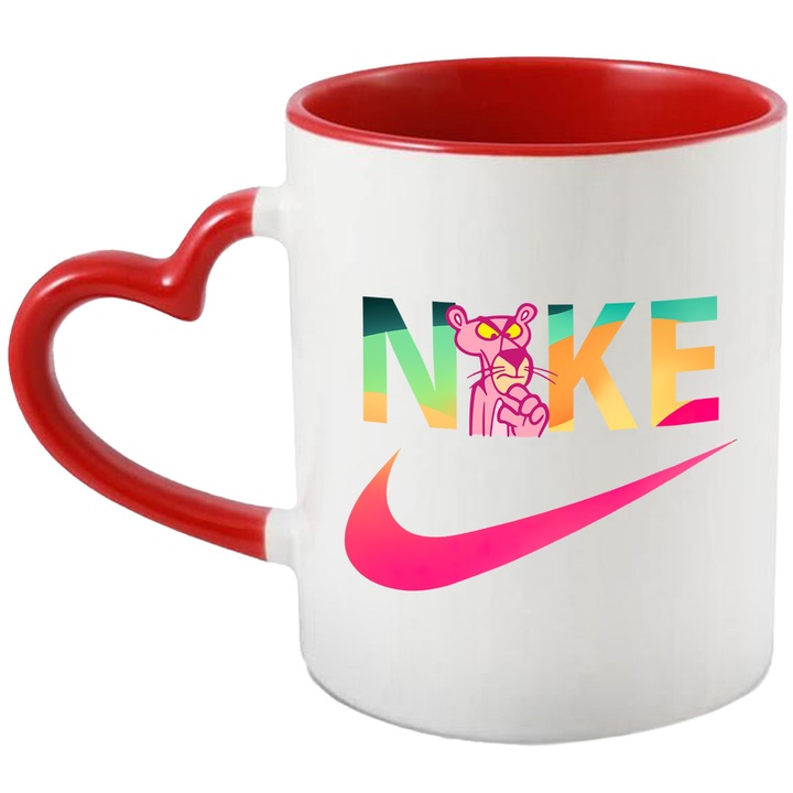 Cana Cu Pantera Roz, Cu Textul "Nike" - Design 8, Ceramica, 330ML, Cu Maner Inima Rosie si Interior Rosu
