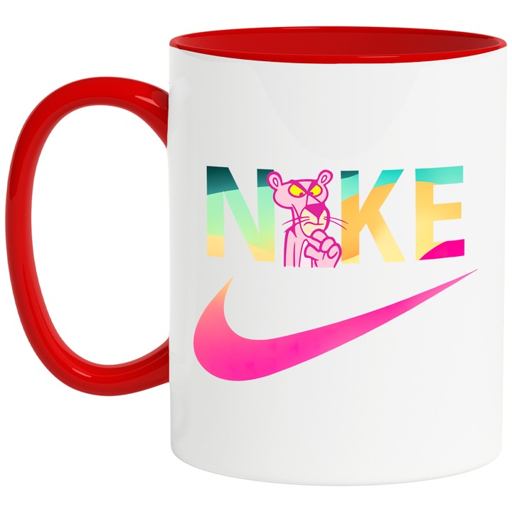 Cana Cu Pantera Roz, Cu Textul "Nike" - Design 8, Ceramica, 330ML, Cu Maner si Interior Rosu