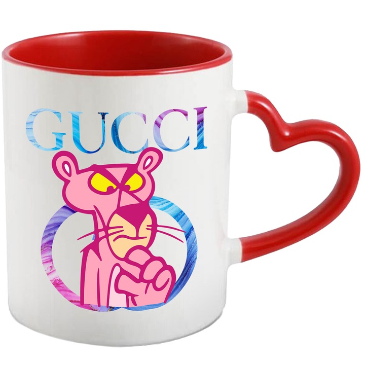 Cana Cu Pantera Roz, Cu Textul "Gucci" - Design 6, Ceramica, 330ML, Cu Maner Inima Rosie si Interior Rosu