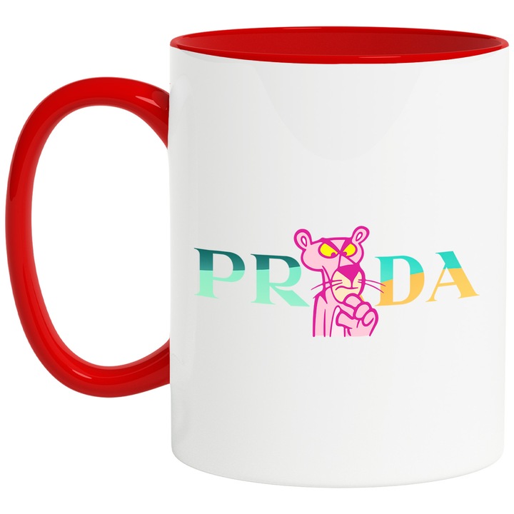 Cana Cu Pantera Roz, Cu Textul "Prada" - Design 2, Ceramica, 330ML, Cu Maner si Interior Rosu