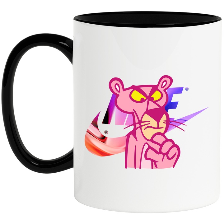 Cana Cu Pantera Roz, Cu Textul "Nike" - Design 9, Ceramica, 330ML, Cu Maner si Interior Negru