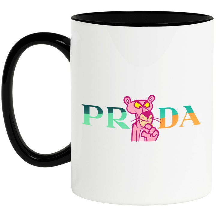 Cana Cu Pantera Roz, Cu Textul "Prada" - Design 2, Ceramica, 330ML, Cu Maner si Interior Negru