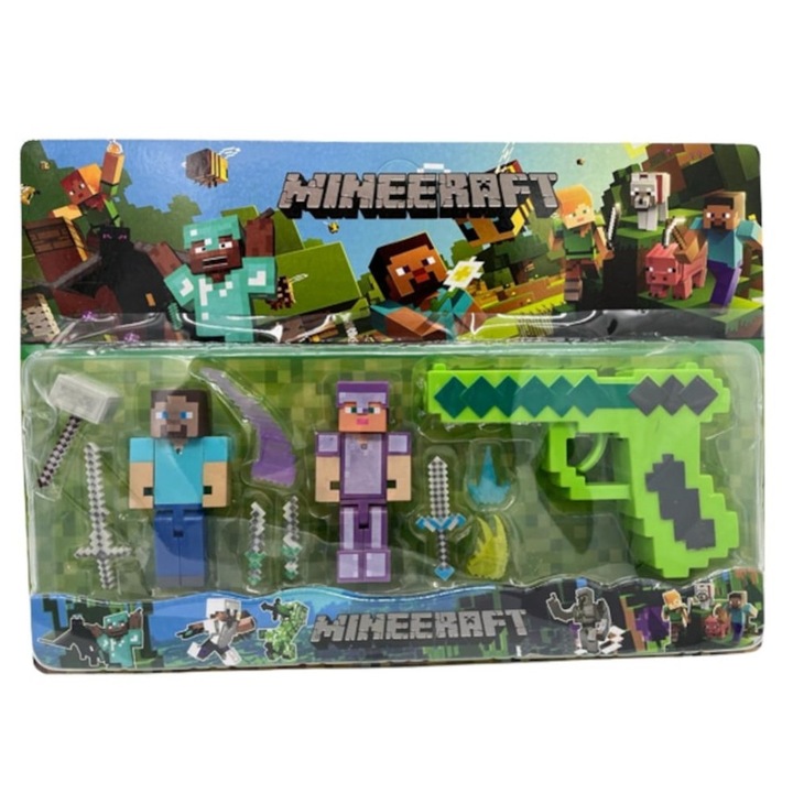 2 db-os Minecraft figura készlet, 1 db játékpisztoly és 6 db kiegészítő, 45 cm, zöld-sárga, 3 év+
