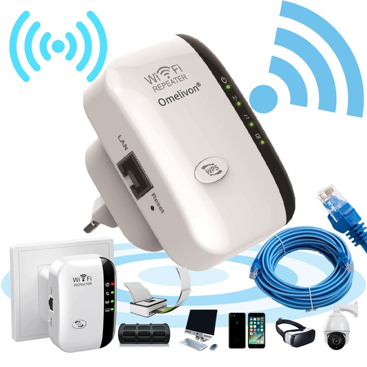 Amplificator semnal WiFi, Omelivon, 1200 Mbps, 9000mp, set cu cablu Ethernet 2m