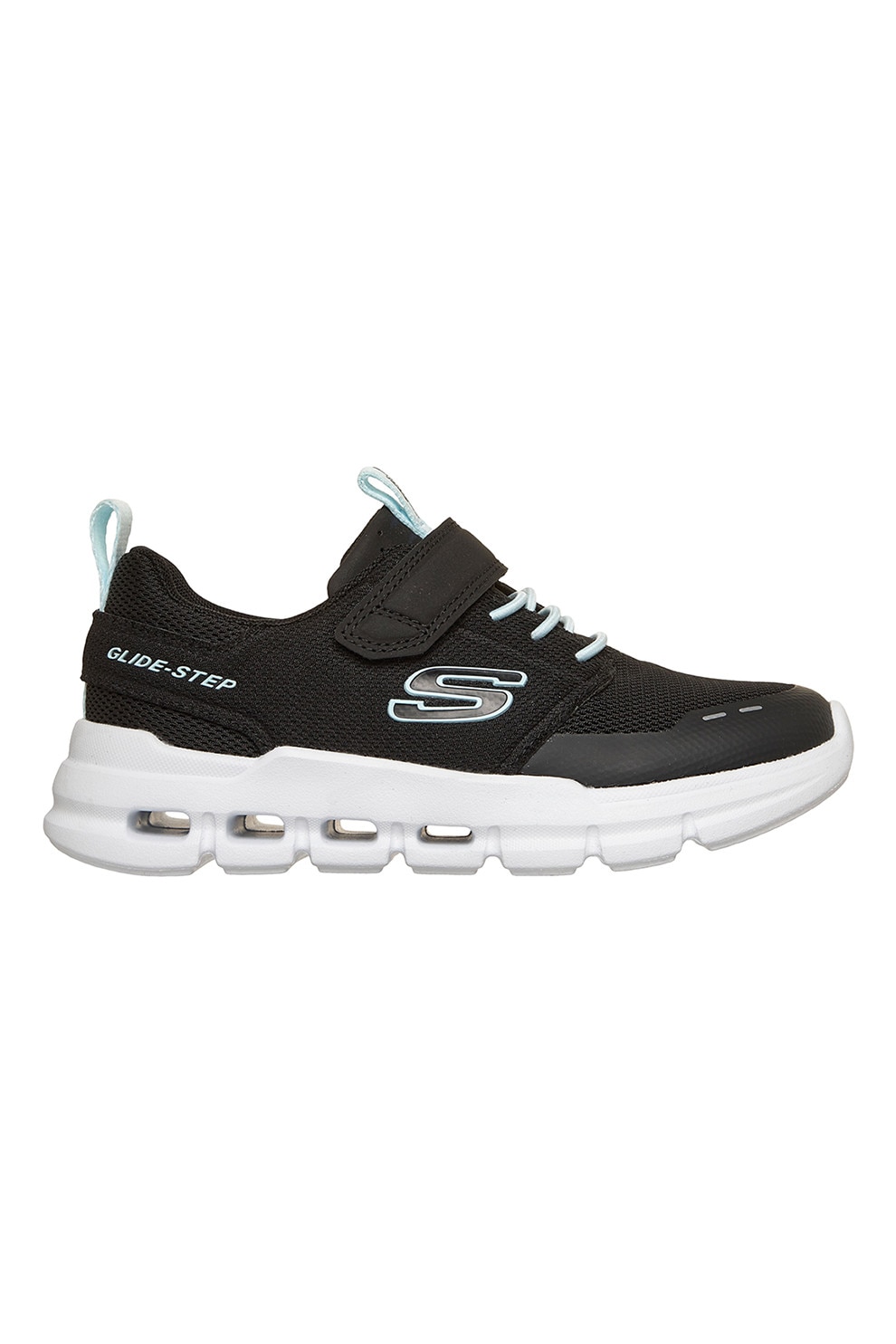 Skechers, Pantofi sport Glide Step Flow de plasa cu sireturi elastice, Negru, Albastru glaciar, 32 EU