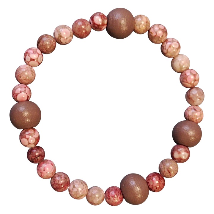 Bratara din rhodonit 4mm si lemn, bijuterie femei, unicat, textura delicata