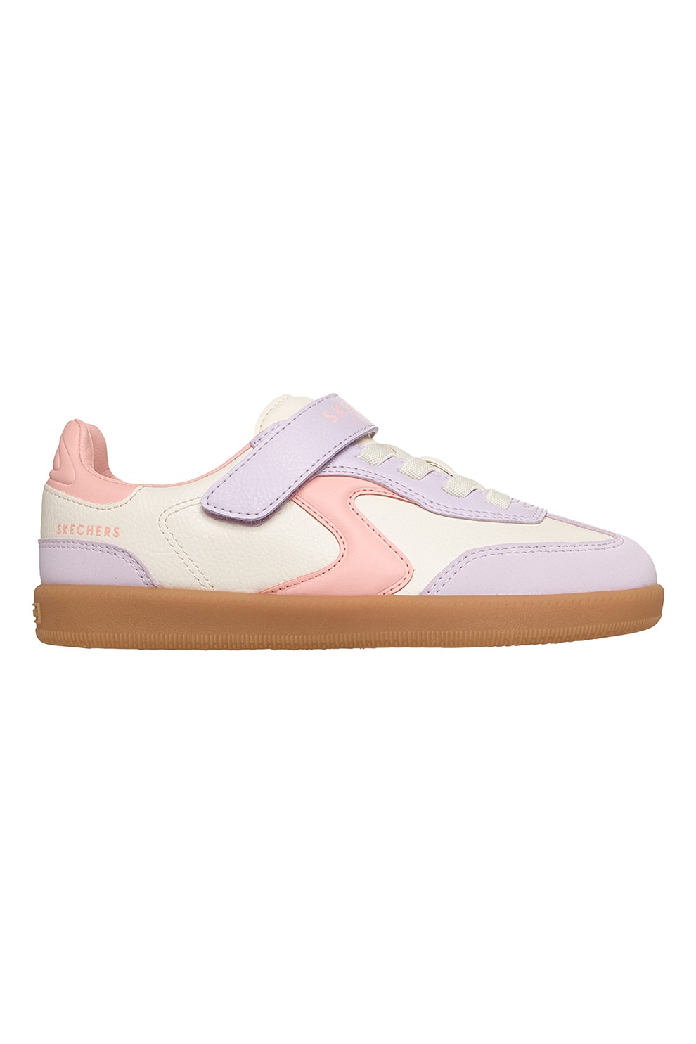 Skechers, Pantofi sport Hotshot de piele ecologica cu model colorblock, Alb fildes, Violet deschis, Roz somon, 31 EU