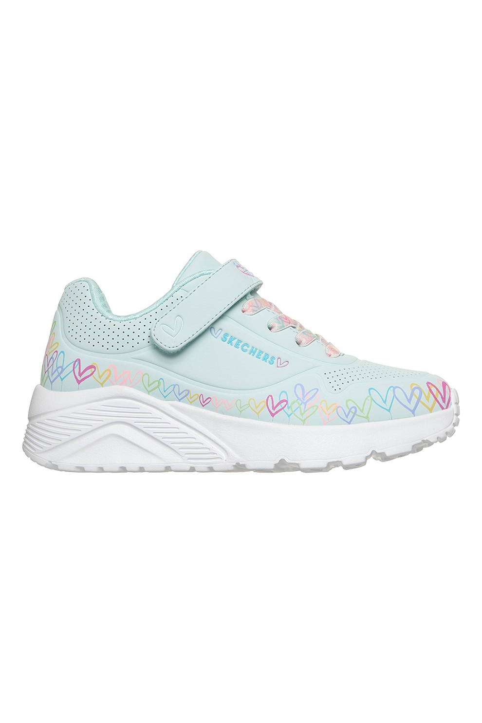 Skechers, Pantofi sport Uno Lite- Heart Craze de piele ecologica cu model cu inimi, Verde, Turcoaz, Roz, 31 EU