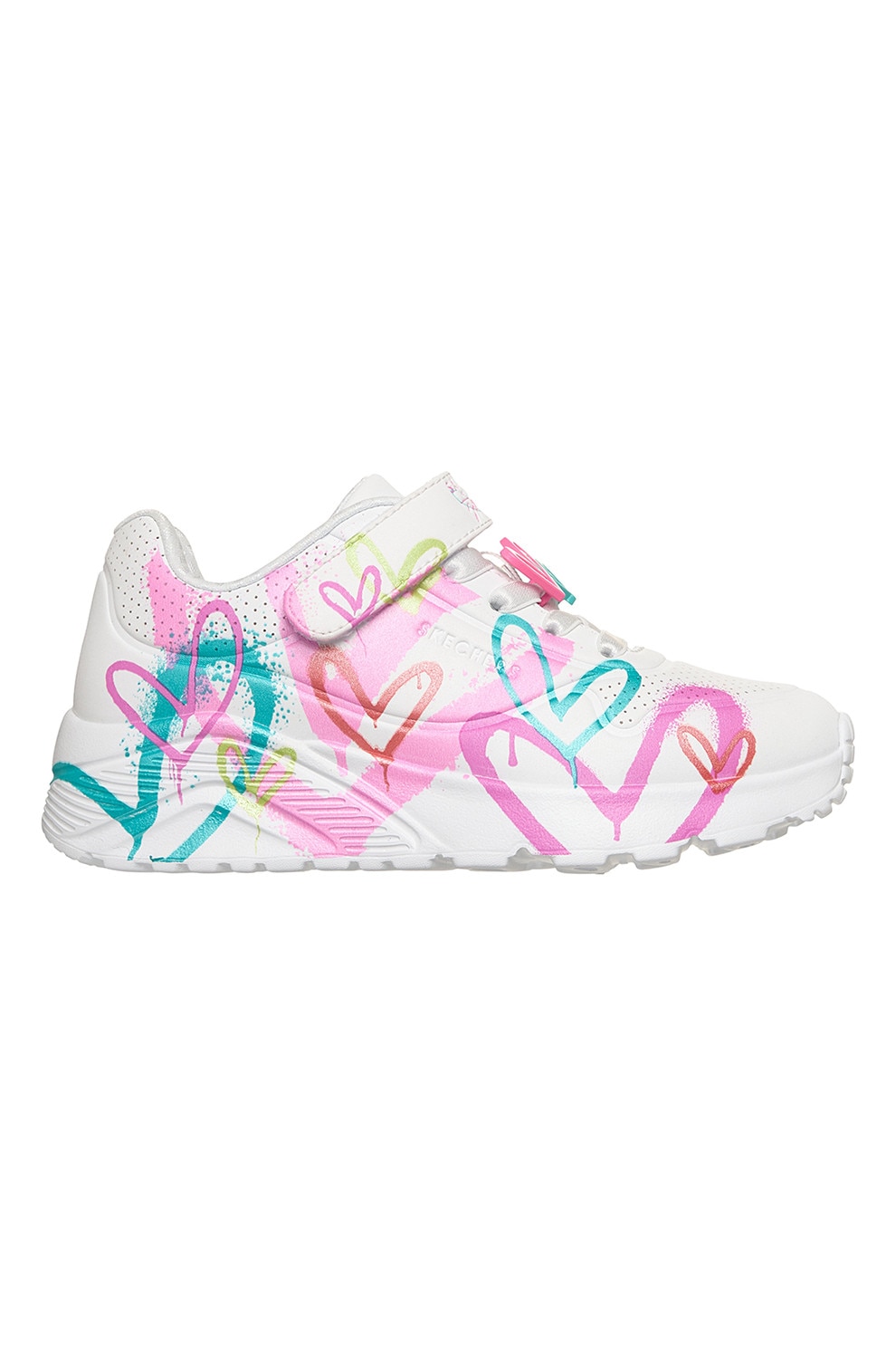 Skechers, Pantofi sport Uno Lite cu imprimeu inimi, Alb, Turcoaz, Roz, 30 EU