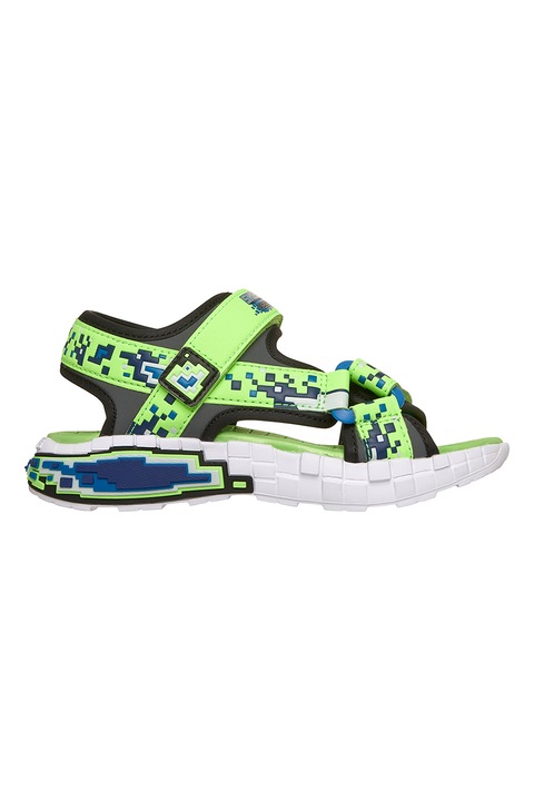 Skechers, Sandale Mega Craft cu velcro si talpa plata, Verde lime/Bleumarin