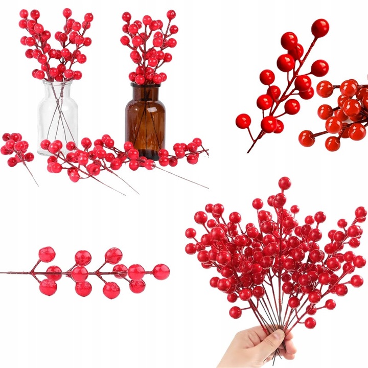 Ramură artificială cu fructe roșii, set 12 bucăți, decorativ, interior