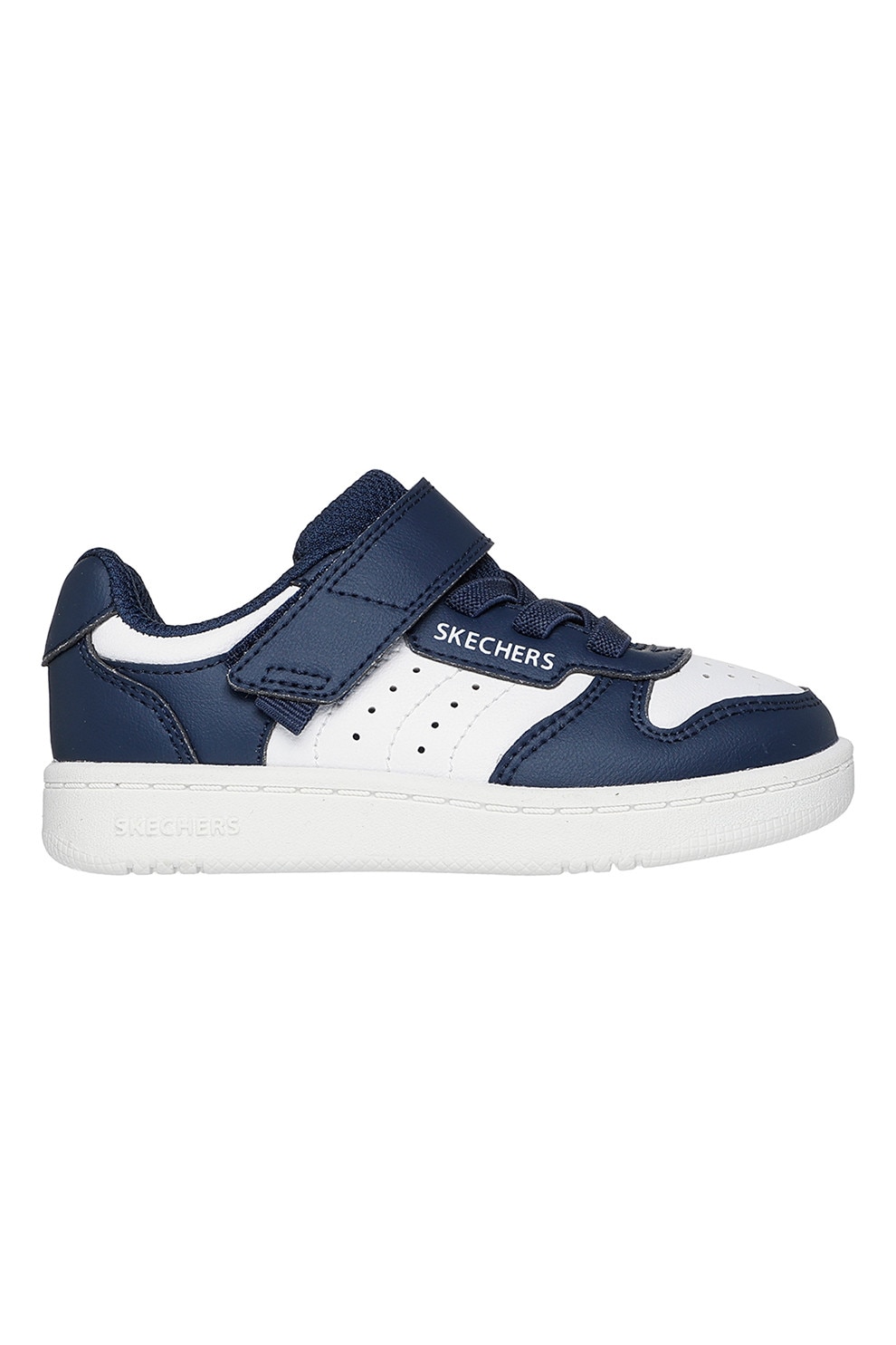 Skechers, Pantofi sport Quick Street de piele ecologica cu garnituri perforate, Alb, Bleumarin, 26 EU