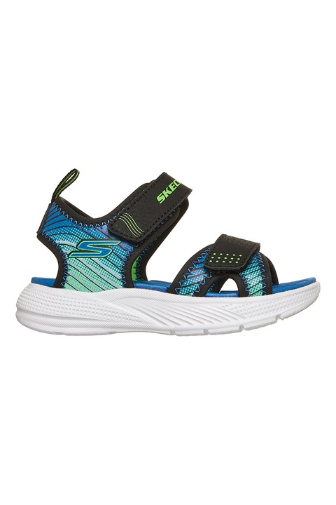 Skechers, Microspec-Splash tépőzáras műbőr szandál, Koptatott fekete/Mentazöld