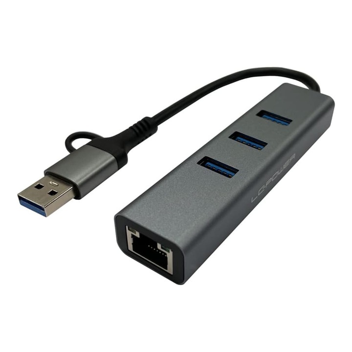 LC-Power LC-HUB-C-MULTI-9 USB HUB, 3xUSB-A, RJ45 Ethernet, 20W gyorstöltés, antracit szürke és fekete - LC-HUB-C-MULTI-9
