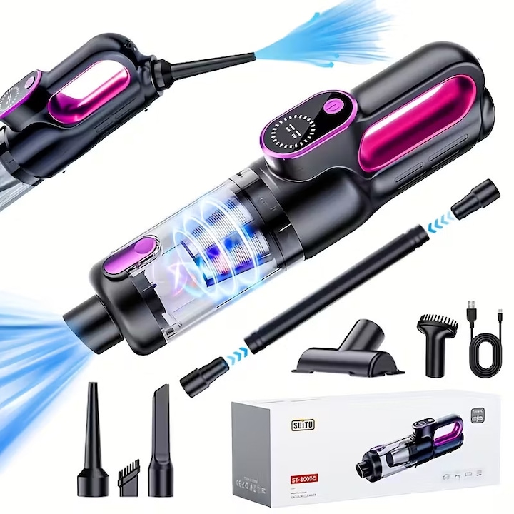 Преносима прахосмукачка 2-в-1 - Безжична мокра/суха прахосмукачка с функция за издухване, 5000 mAh, мощност 12000 Pa, USB акумулаторна, безчетков мотор, за кола и дом, черна