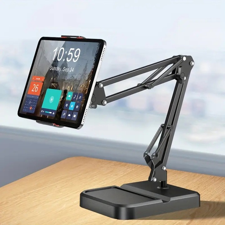 Suport Reglabil pentru Tableta si Telefon 3,5 - 11 inch, Suport Birou din Metal cu Brat Reglabil in Inaltime, Unghi de vizualizare reglabil la 360 de grade, Negru