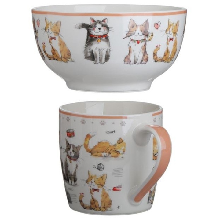 Set Ceramica Cană Albă cu Model Pisici și Bol Asortat, 340ml și 480ml, Alb, 13x13x14cm
