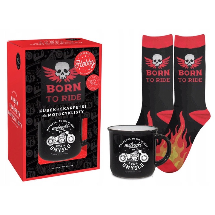 Set Cadou Motociclist, Pan Dragon, Cana Ceramica 350ml, Sosete Marime Universala (41-45), Elegant