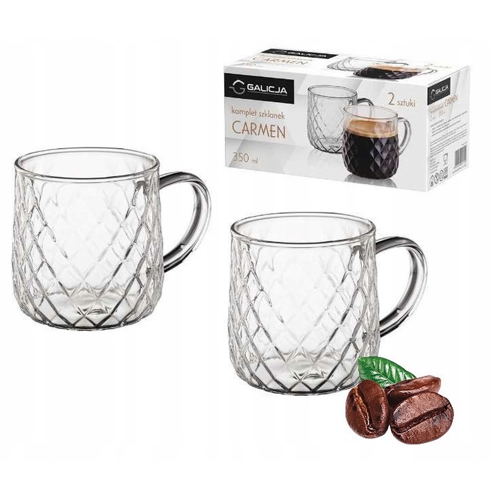 Set 2 pahare Galicja Carmen 350 ml, sticla borosilicata, pentru cafea si ceai