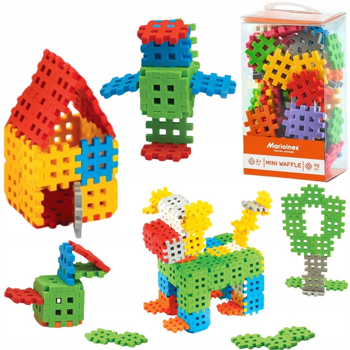 Set cuburi de construcție Mini Waffle, Marioinex, 70 piese, material moale, flexibil, colorat
