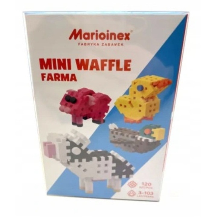 Set cuburi Mini Waffle Ferma Marioinex, 120 piese, 4 figurine animale, culori blânde