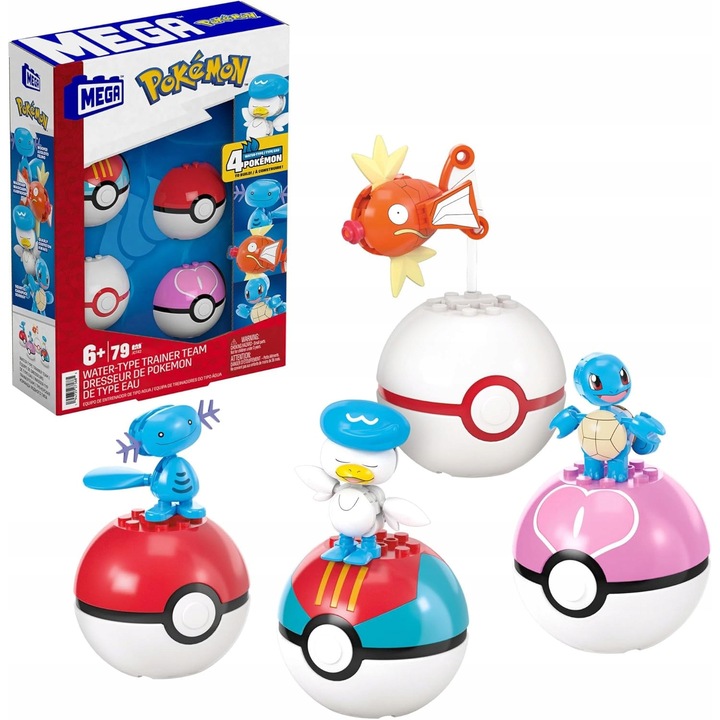 Set de construcție MEGA Pokemon JCT42 Echipa Apă, 4 Poke Bile, 4 Figurine, 8 piese, pentru copii de la 3 ani