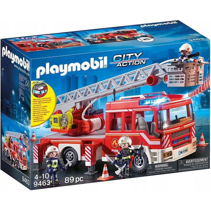 Masina de pompieri Playmobil, set de 89 piese, include 3 figurine, cu scara, multicolor