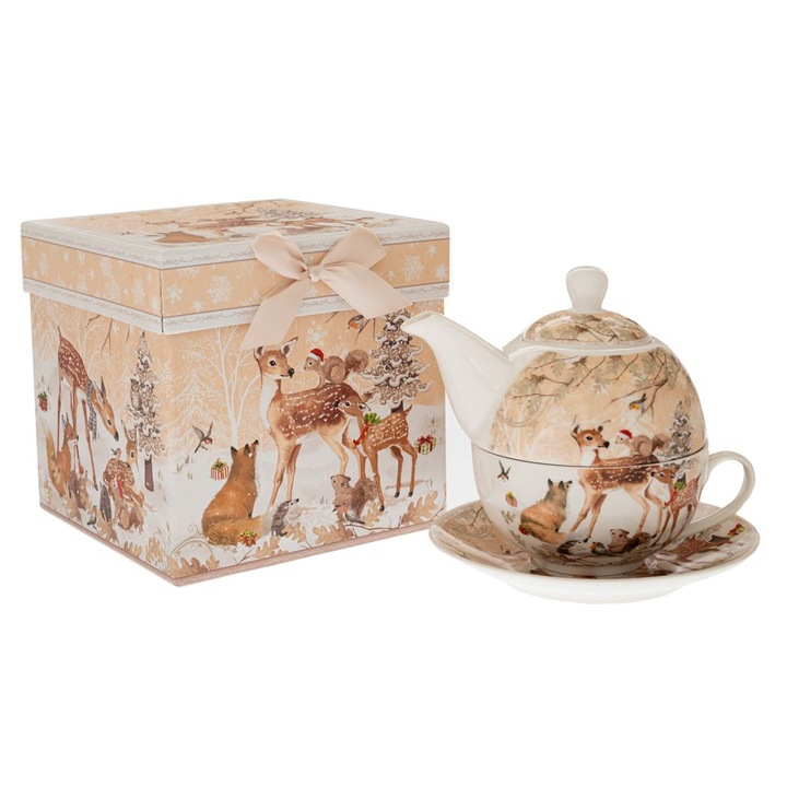 Set ceai Tea for One, model festiv cu caprioare, portelan, 600 ml