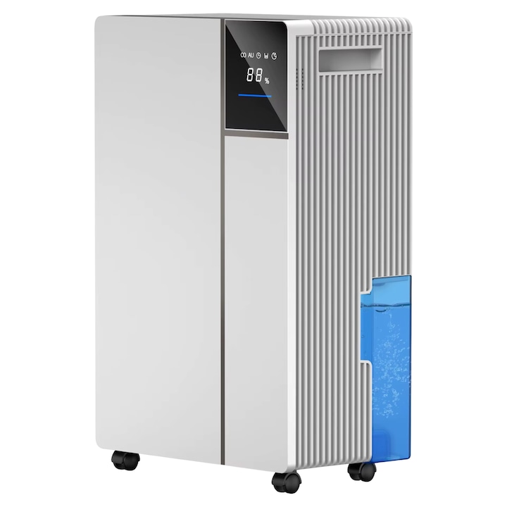 Párátlanító 12–16L/nap Kompresszorral, LED Kijelzővel, 2L Tartállyal, 1–24h Időzítővel, Automatikus Leolvasztással, 3 Színű Páratartalom Jelzővel, 15–30 m²-es Helyiségekhez