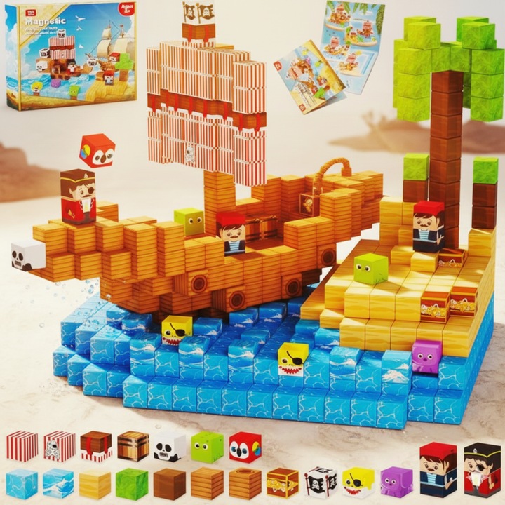 Set blocuri magnetice 100 buc, PRIMEDEO, corabie cu pirați, jocuri senzoriale, multicolor