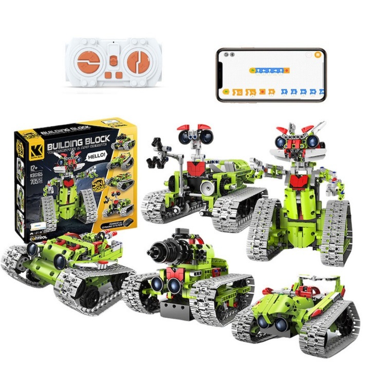 Robot Inteligent Programabil 5-in-1, Set de Blocuri de Constructie, 620 Piese, Control prin Telecomanda 2.4GHz, Multicolor, Robot Inteligent Control prin Aplicatie si Telecomanda, Giroscop, Traseu Desenat, Programare Scratch