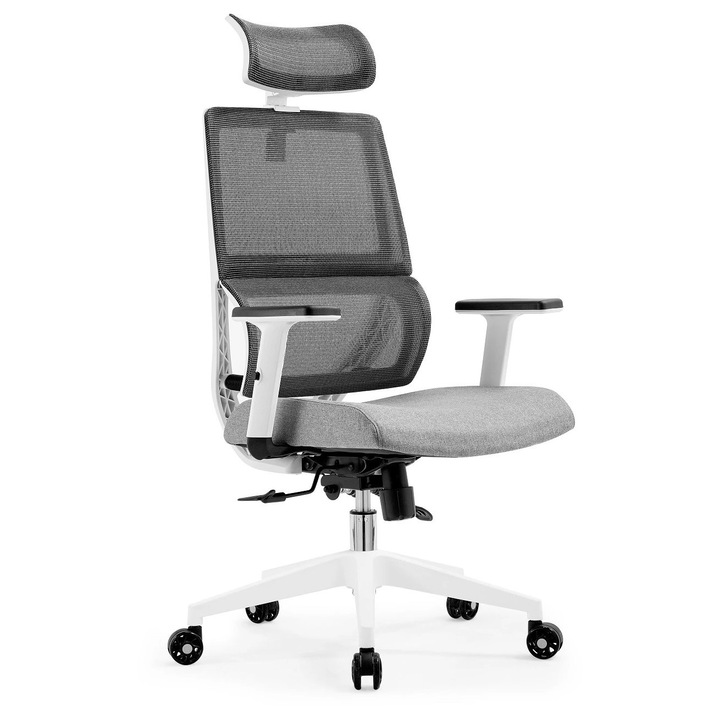 Scaun Ergonomic Premium TOP SCAUNE®, Scaun Birou Ergonomic Cu Suport Lombar Flexibil, Scaun Birou Cu Tetiera 2D, Cotiere Reglabile, Spatar Mesh, Inclinare 135°, Sezut Textil Spuma Densa, Ajustari Multiple, Scaun Ergonomic Premium, Gri/Alb
