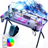 Birou Gaming Premium, Birou Gaming Cu Iluminare RGB Multicolora, Design Fibra Carbon, Birou Gaming Premium Cu Telecomanda, Structura Metalica Solida, Birou Gaming Cu Mouse Pad Impermeabil, Picioare Reglabile, Accesorii Incluse, 140 Cm, Negru