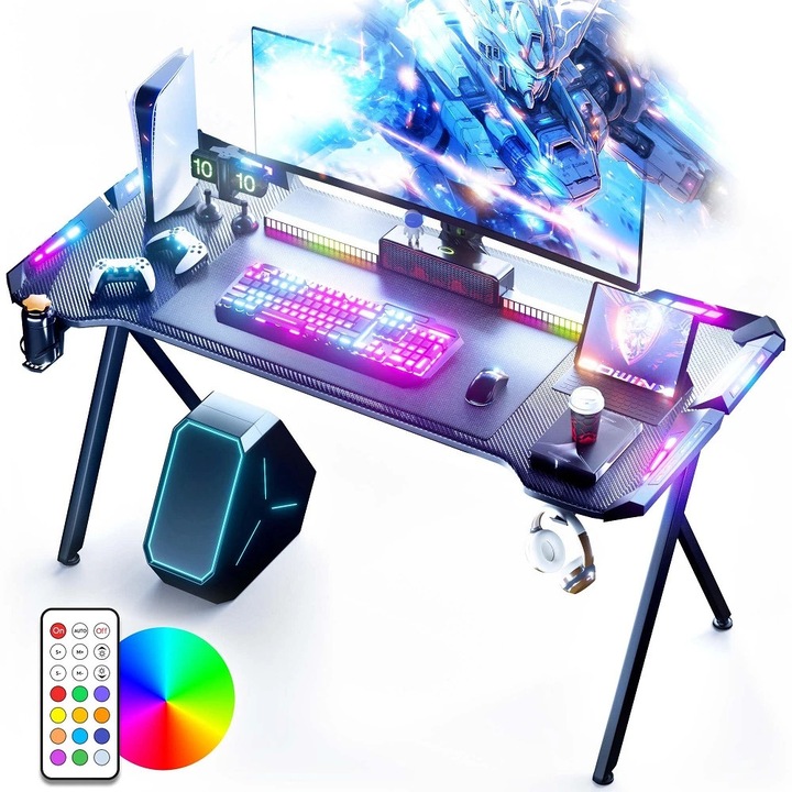 Birou Gaming Premium, Birou Gaming Cu Iluminare RGB Multicolora, Design Fibra Carbon, Birou Gaming Premium Cu Telecomanda, Structura Metalica Solida, Birou Gaming Cu Mouse Pad Impermeabil, Picioare Reglabile, Accesorii Incluse, 120 Cm, Negru