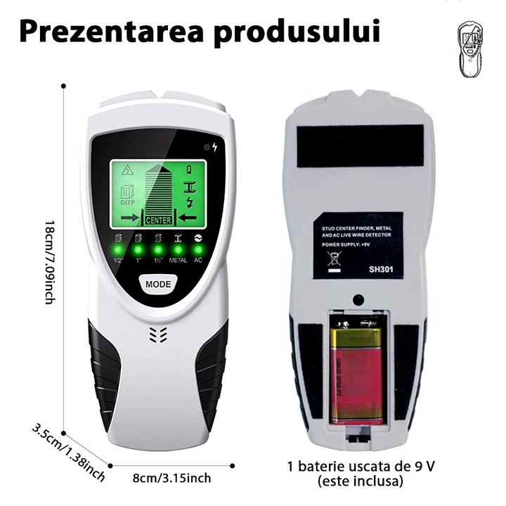 Detector Cabluri Electrice 5 in 1, DONFANLIA®, 5 moduri de scanare, Afisaj LCD, Avertizare Sonora, Alimentat cu baterii, Cu senzor inteligent, Portabil, pentru centre si margini de lemn, metal si sarma AC, Argintiu