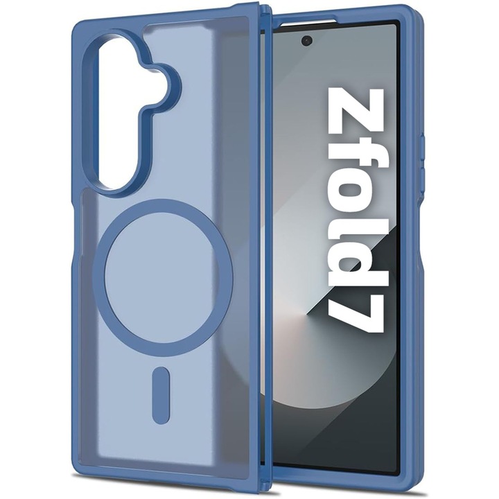Husa telefon pentru Samsung Galaxy Z Fold7, Protectie Colturi, MagSafe, Albastru Transparent