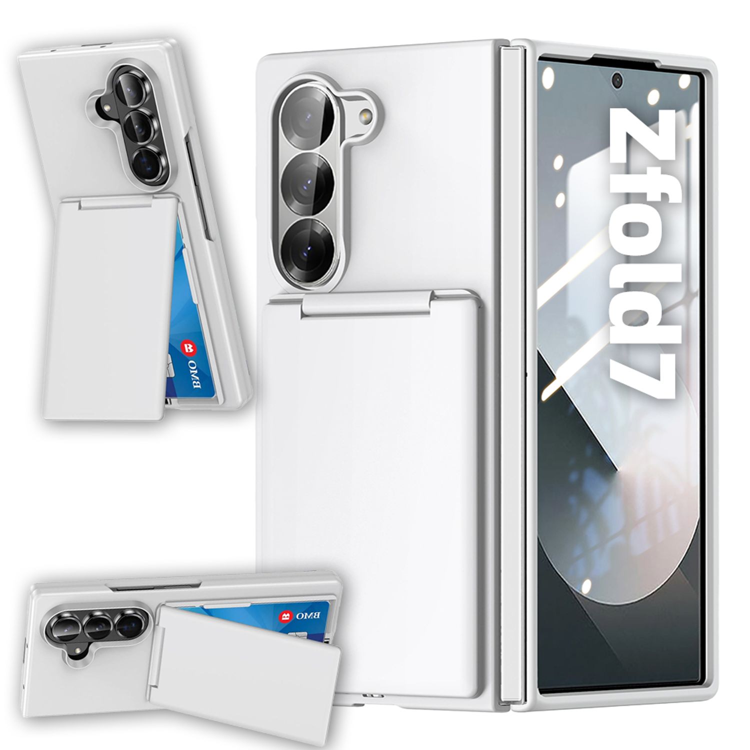 Husa telefon Compatibila Samsung Galaxy Z Fold7, Tip Suport Carduri Pliabil, cu Suport, Antisoc, Alb Mat