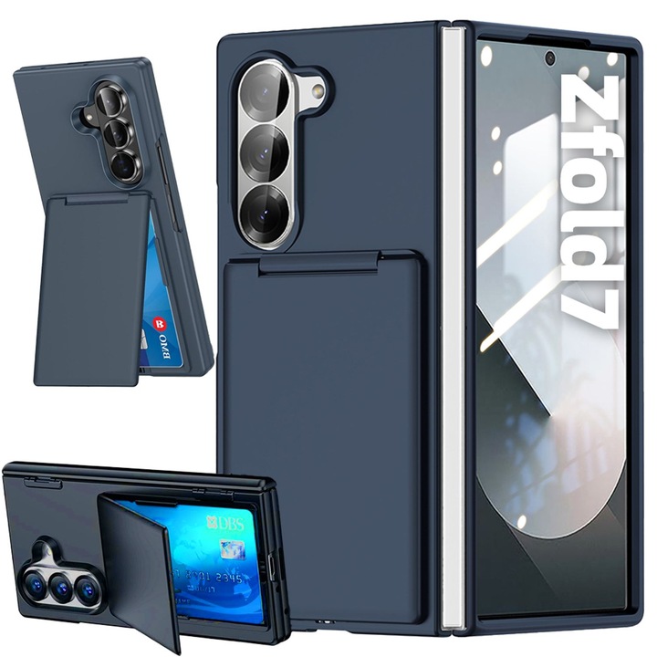 Husa telefon Compatibila Samsung Galaxy Z Fold7, Tip Suport Carduri Pliabil, cu Suport, Antisoc, Albastru Mat