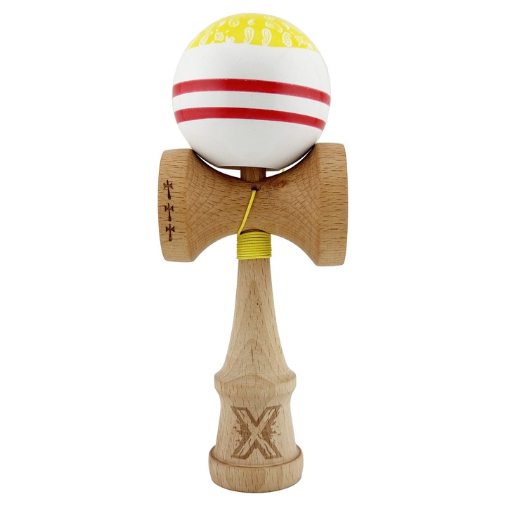 Kendama CHICANOS Originala, Profesionala, Big Cups V2, Super Sticky cu Cupe Mari, Rulment Metalic, din lemn 18 cm, Ata 55 cm, Auriu/Alb